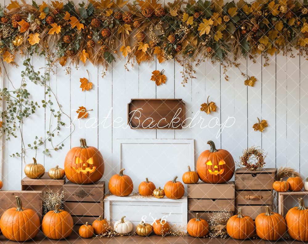 Kate Halloween Kürbisse Holzkisten Herbstlaub Fleece Hintergrund Entworfen von Emetselch