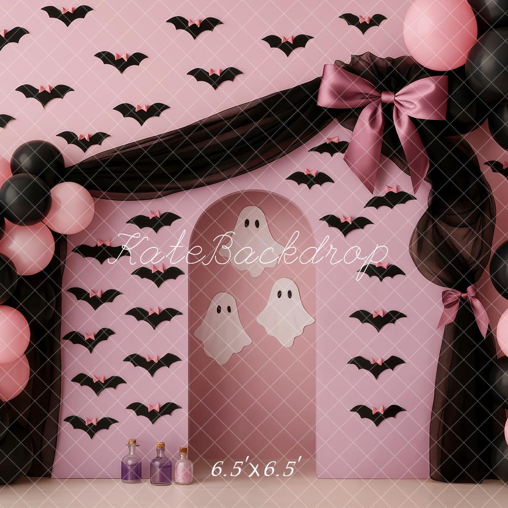 Kate Halloween Ballons Fledermäuse Rosa Hintergrund Entworfen von Patty Roberts - Kate Backdrop.de