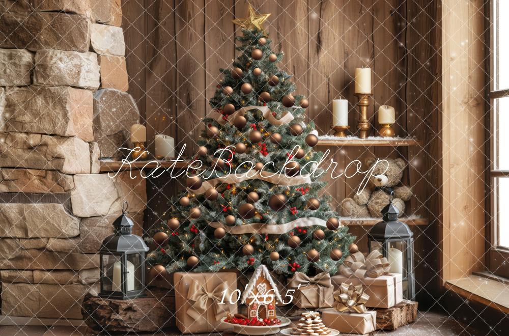Kate Weihnachten Tannenbaum Geschenke Kamin Holz Hintergrund Entworfen von Mini MakeBelieve - Kate Backdrop.de