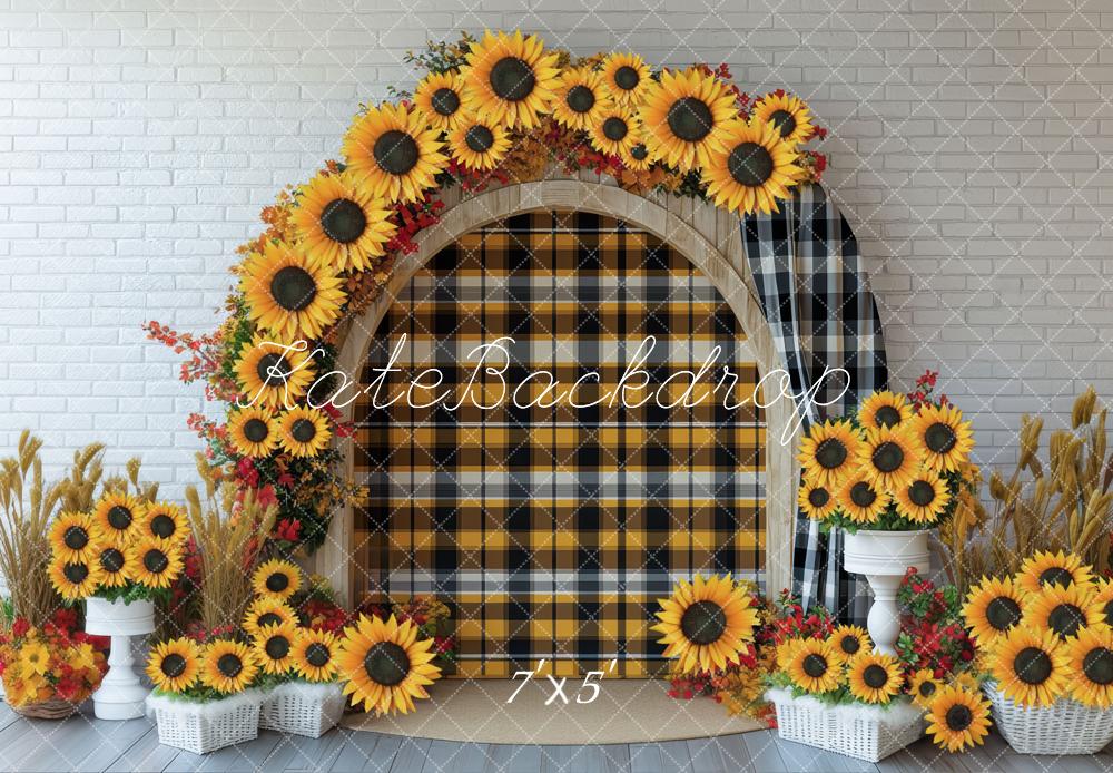 Kate Herbst Sonnenblumen Bogen Kariert Hintergrund Entworfen von Mini MakeBelieve - Kate Backdrop.de