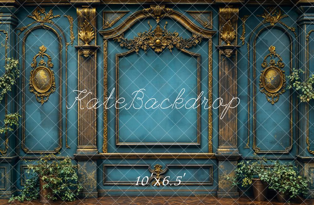 Kate Barock Blaue Wand Goldene Verzierungen Hintergrund Entworfen von Emetselch - Kate Backdrop.de
