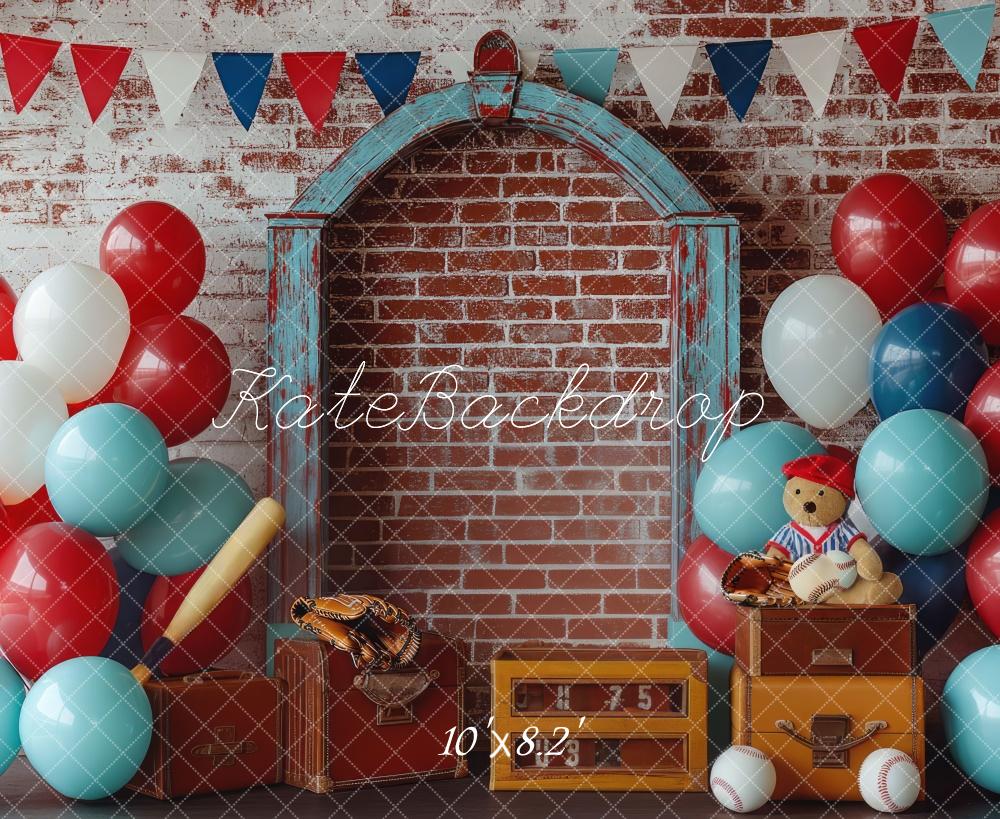 Kate Kinder Baseball Ballons Backstein Vintage Hintergrund Entworfen von Mini MakeBelieve - Kate Backdrop.de