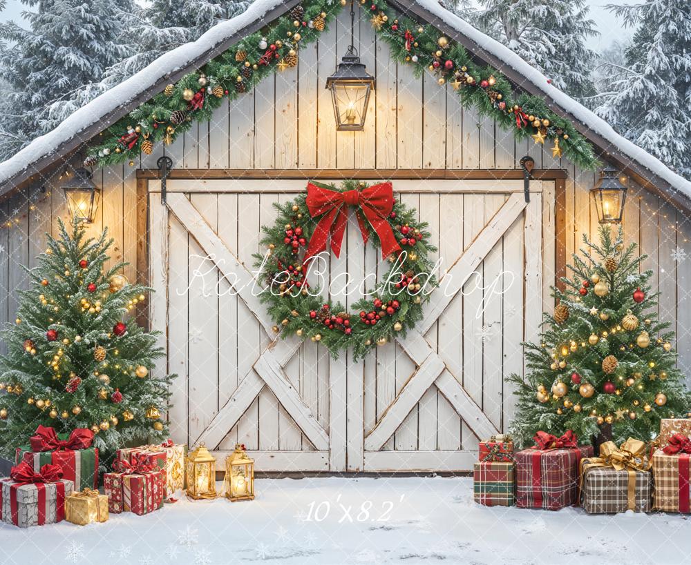 Kate Weihnachten Scheune Geschenke Schnee Hintergrund Entworfen von Emetselch - Kate Backdrop.de