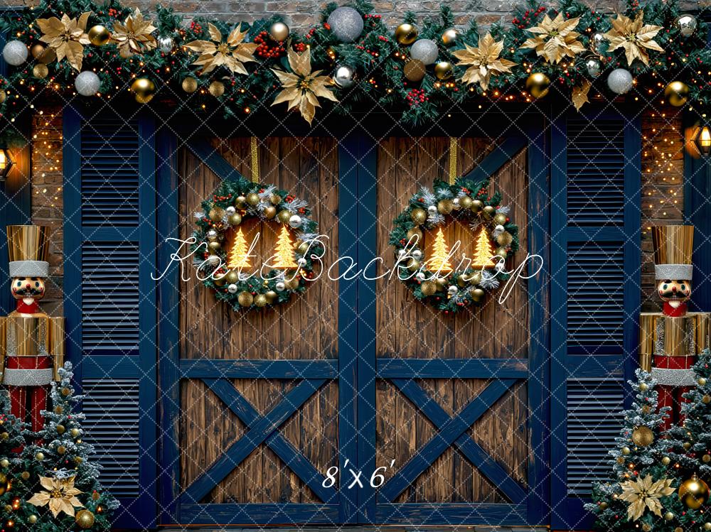 Kate Weihnachten Tür Nussknacker Kranz Blau Hintergrund Entworfen von Mini MakeBelieve - Kate Backdrop.de