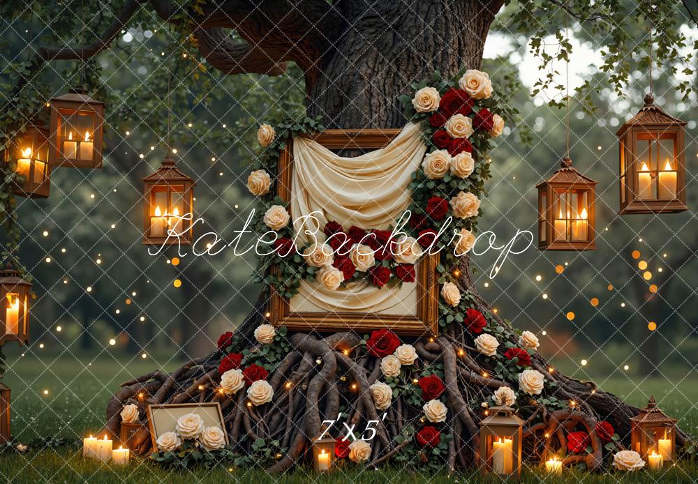 Kate Hochzeit Baum Laternen Rosen Romantisch Hintergrund Entworfen von Mini MakeBelieve