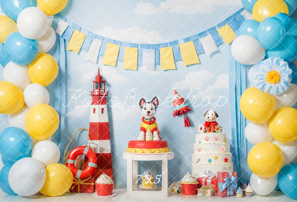 Kate Geburtstag Hund Leuchtturm Ballons Bunt Hintergrund Entworfen von Emetselch - Kate Backdrop.de