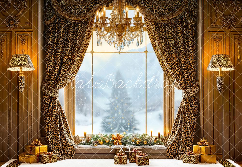 Kate Weihnachten Fenster Leopard Vorhänge Gold Hintergrund Entworfen von Emetselch - Kate Backdrop.de