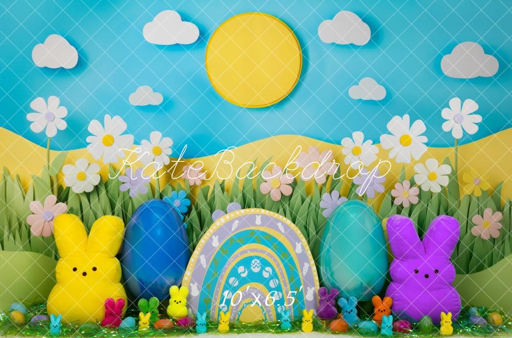 Kate Ostern Hase Eier Blumenwiese Bunt Hintergrund Entworfen von Mini MakeBelieve