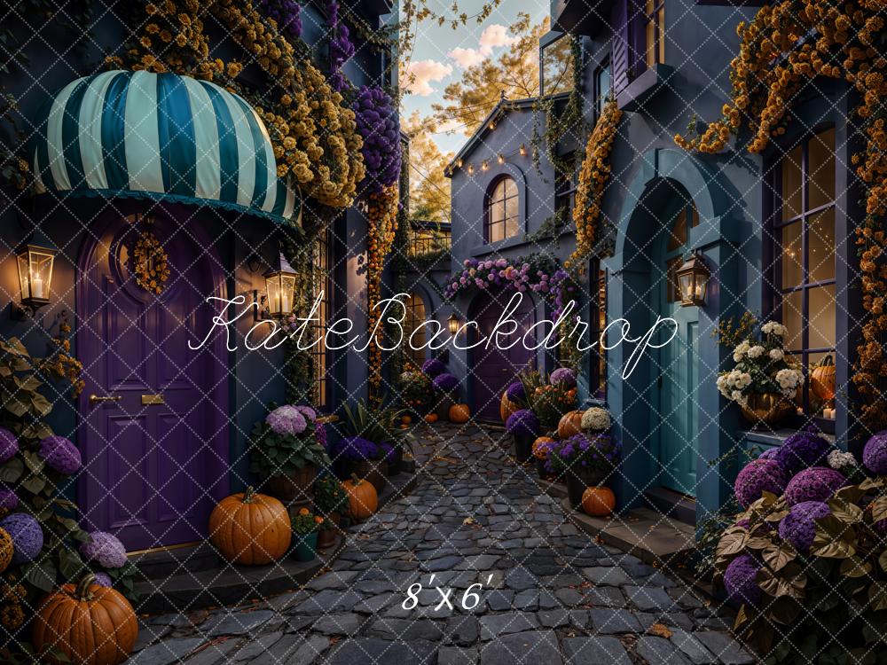 Kate Halloween Gasse Kürbisse Blumen Fleece Hintergrund Entworfen von Emetselch - Kate Backdrop.de