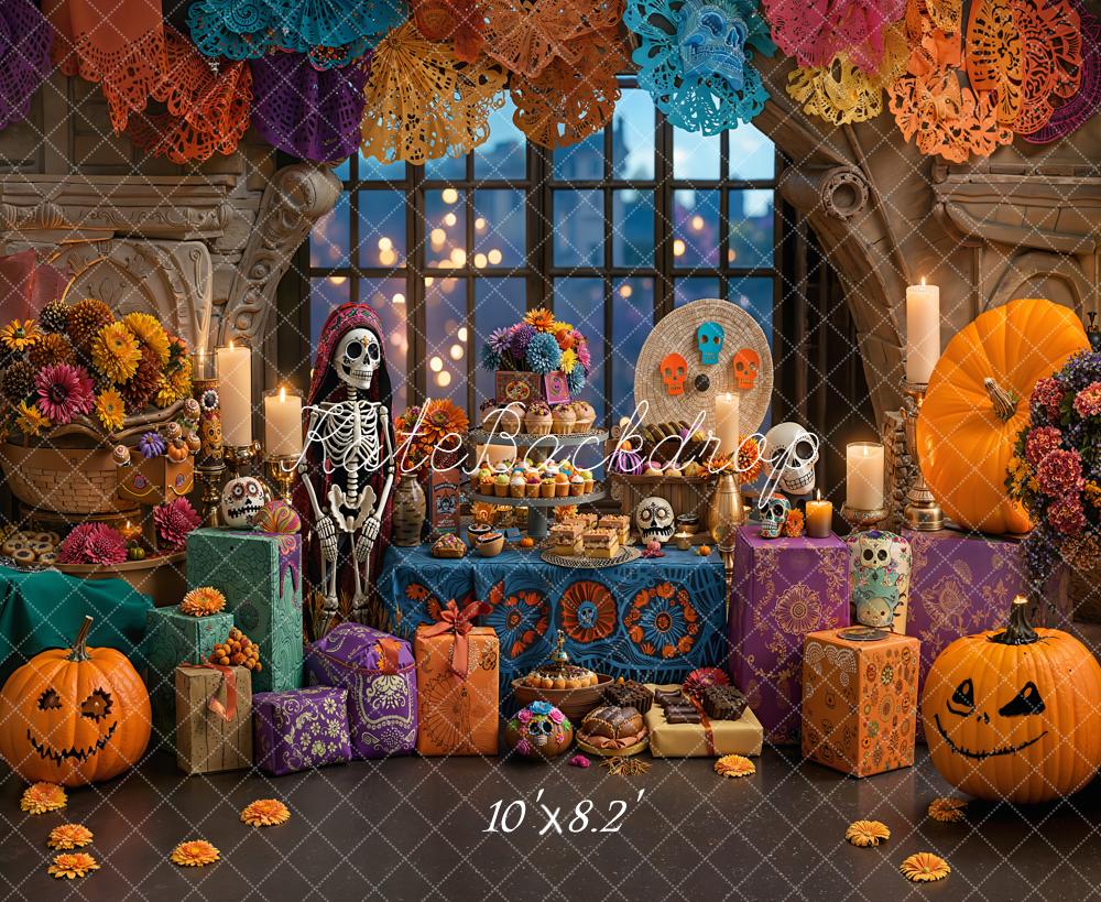 Kate Halloween Día De Los Muertos Kürbis Skelett Bunt Hintergrund Entworfen von Emetselch - Kate Backdrop.de