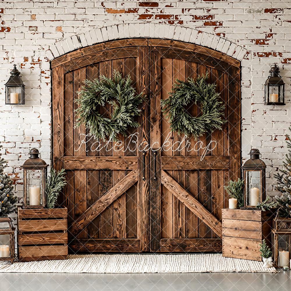 Kate Weihnachten Holz Tür Kränze Rustikal Hintergrund Entworfen von Emetselch - Kate Backdrop.de
