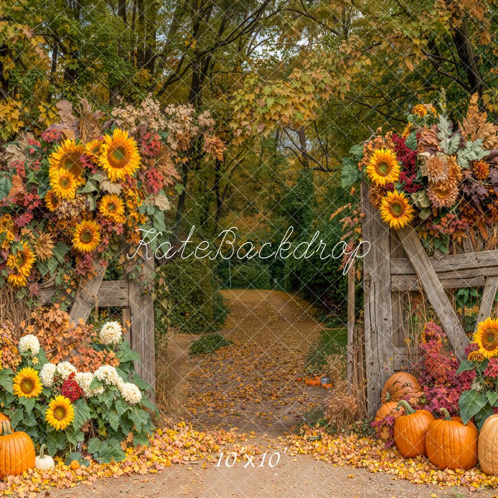 Kate Herbst Sonnenblumen Kürbisse Holztor Hintergrund Entworfen von Emetselch - Kate Backdrop.de