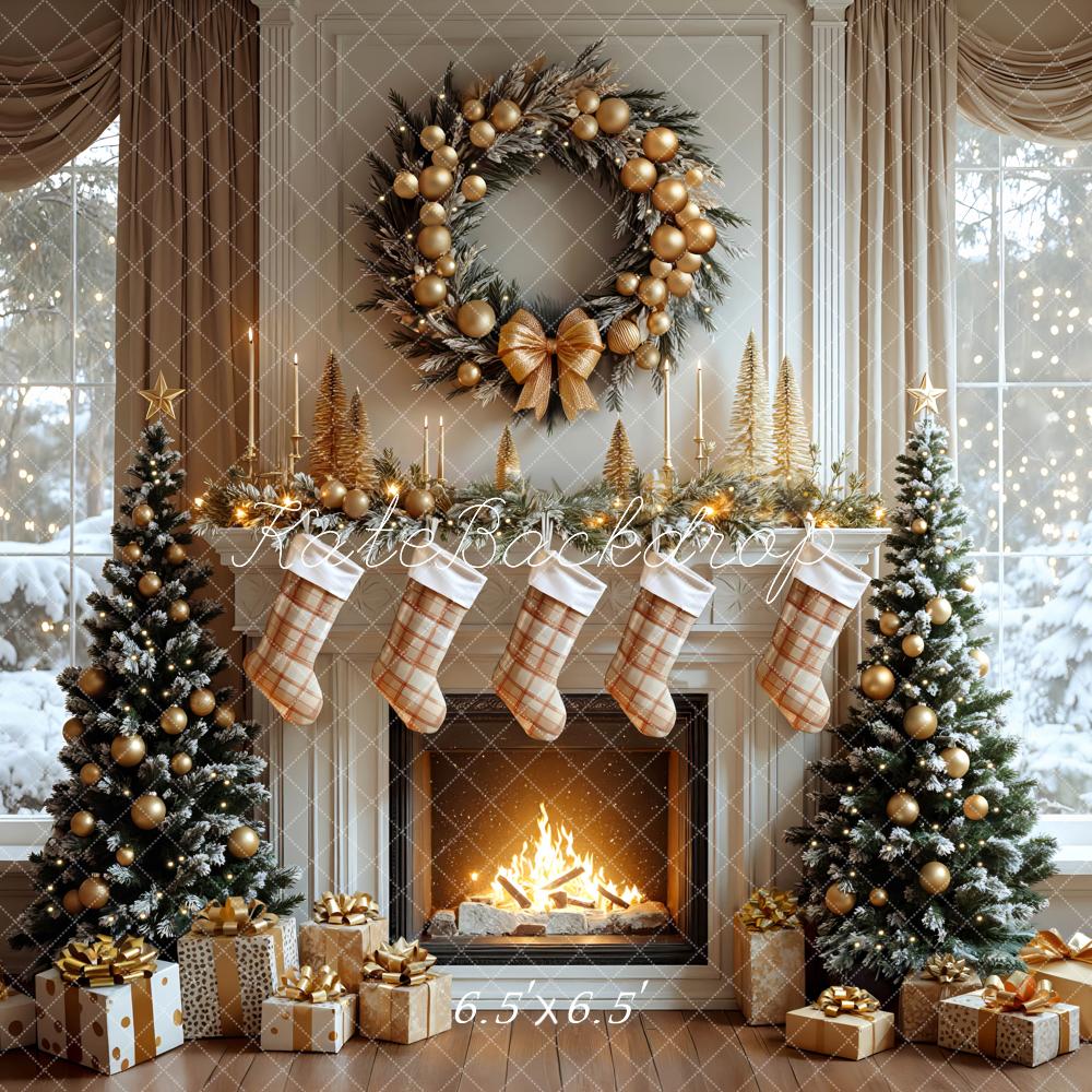 Kate Weihnachten Kamin Weihnachtsbaum Gold Hintergrund Entworfen von Mini MakeBelieve - Kate Backdrop.de