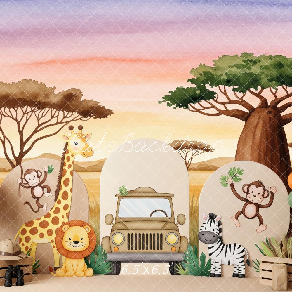 Kate Safari Tiere Jeep Sonnenuntergang Hintergrund Entworfen von Patty Roberts