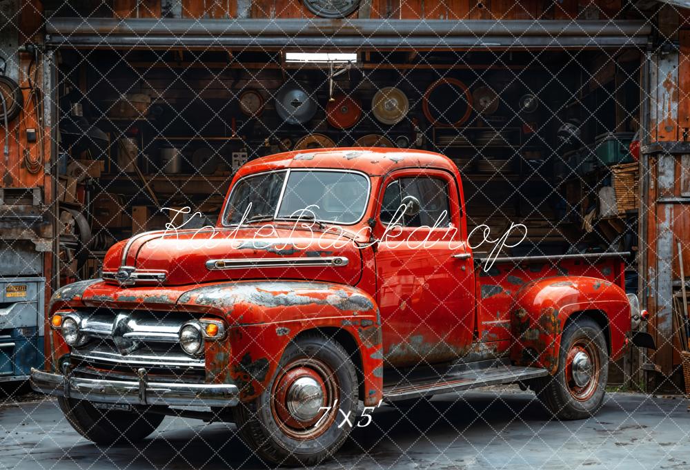 Kate Oldtimer Roter Pickup Werkstatt Vintage Hintergrund Entworfen von Emetselch - Kate Backdrop.de