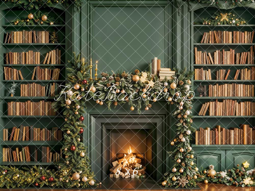 Kate Weihnachten Kamin Bücherregal Grün Fleece Hintergrund Entworfen von Emetselch - Kate Backdrop.de