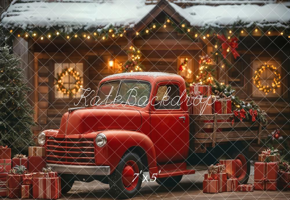 Kate Weihnachten Roter Pickup Geschenkboxen Holzhaus Hintergrund Entworfen von Emetselch - Kate Backdrop.de