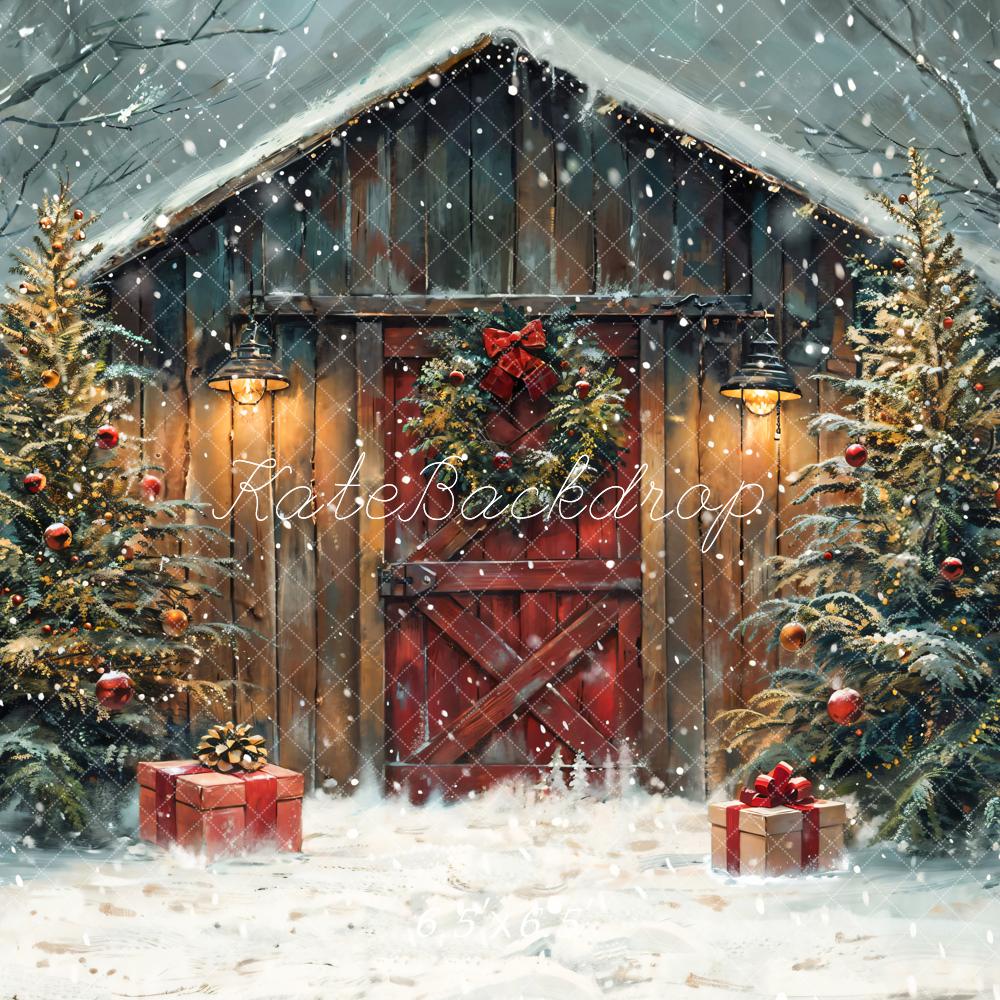Kate Weihnachten Scheune Tannenbaum Schnee Hintergrund Entworfen von Chain