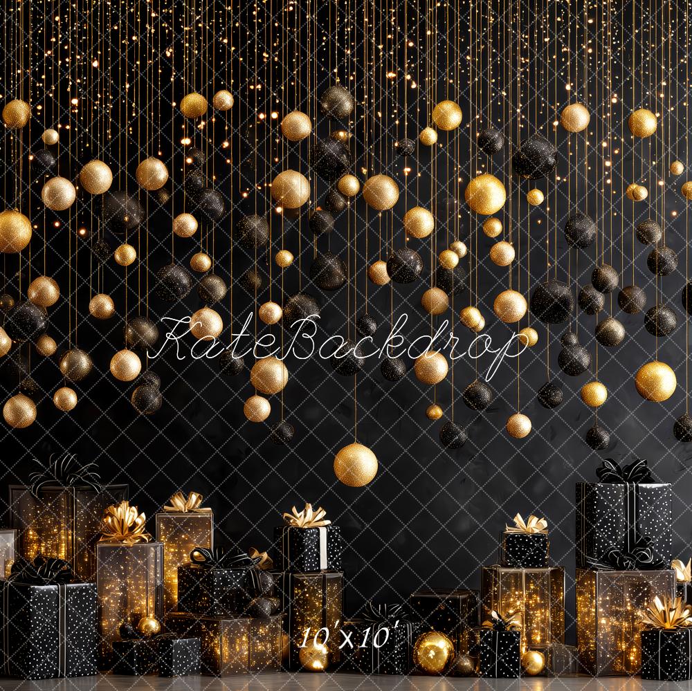 Kate Weihnachten Goldene Kugeln Geschenke Schwarz Hintergrund Entworfen von Patty Roberts - Kate Backdrop.de