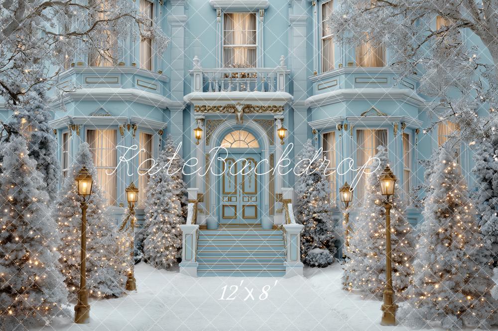 Kate Weihnachten Winterhaus Schnee Blau Hintergrund Entworfen von Ashley Paul
