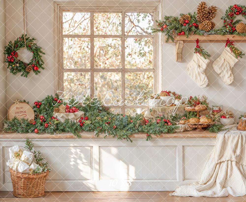 Kate Weihnachten Fenster Girlande Cremetöne Fleece Hintergrund Entworfen von Emetselch - Kate Backdrop.de