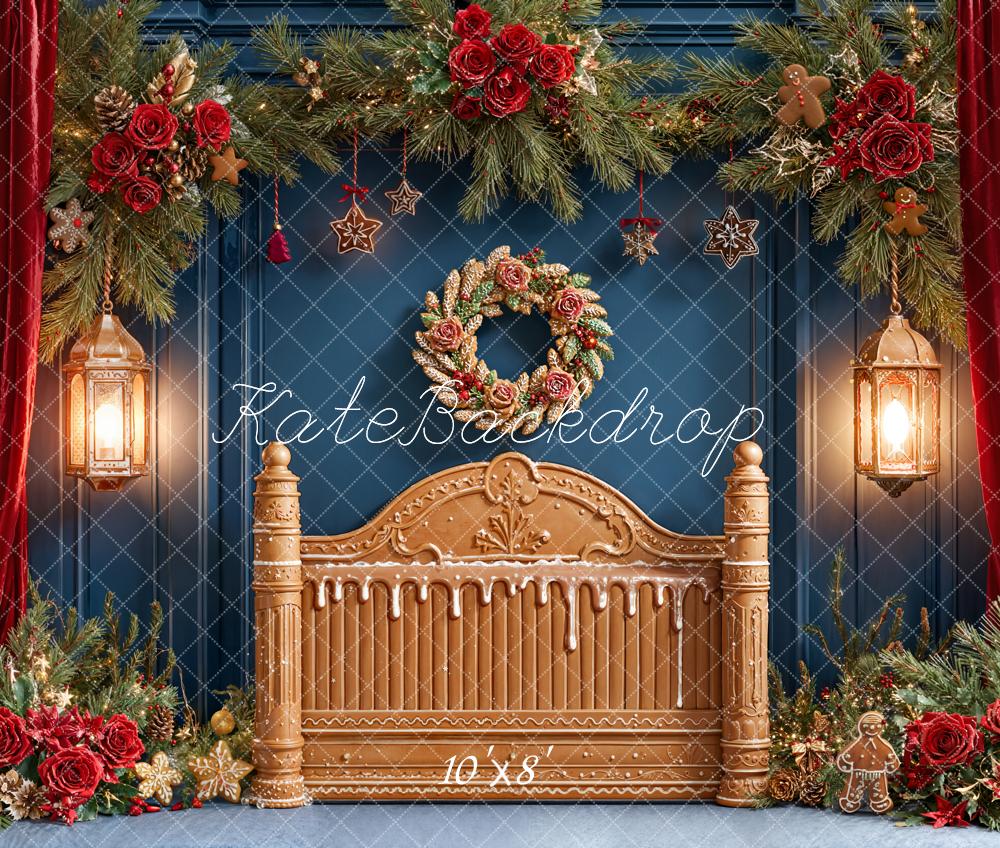 Kate Weihnachten Lebkuchenbett Tannenzweige Rot Fleece Hintergrund Entworfen von Emetselch - Kate Backdrop.de