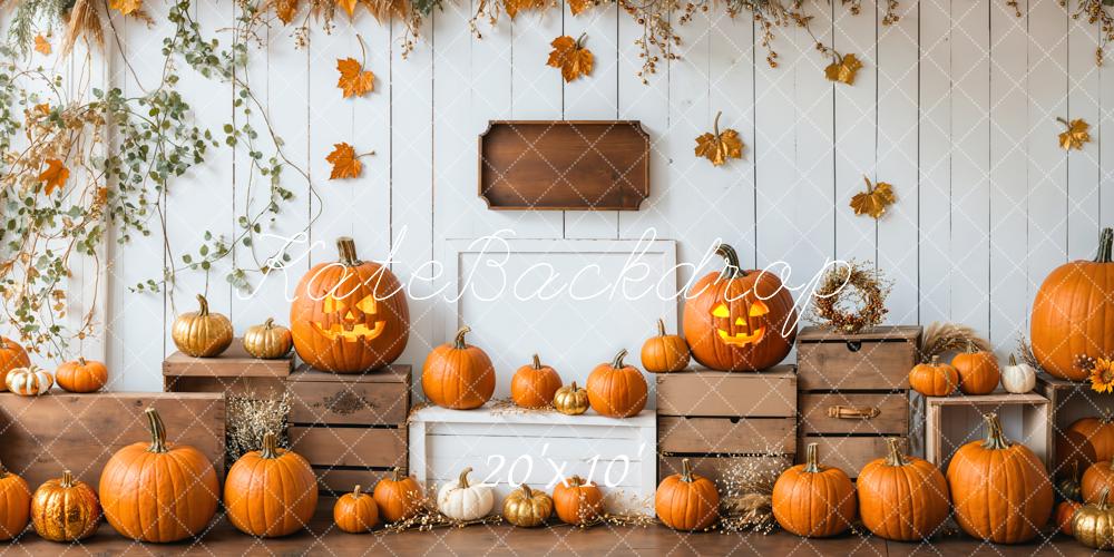 Kate Halloween Kürbisse Herbstlaub Rustikal Hintergrund Entworfen von Emetselch