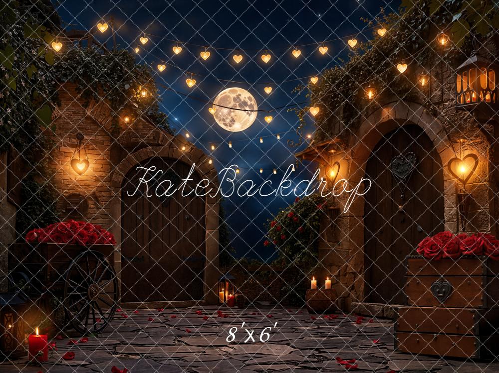 Kate Valentinstag Romantischer Innenhof Lichter Nacht Fleece Hintergrund Entworfen von Emetselch