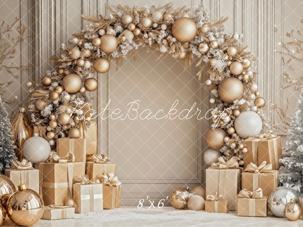 Kate Weihnachten Blumenbogen Geschenke Gold Hintergrund Entworfen von Patty Roberts - Kate Backdrop.de