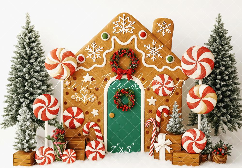 Kate Weihnachten Lebkuchenhaus Lollipops Schnee Hintergrund Entworfen von Patty Roberts - Kate Backdrop.de