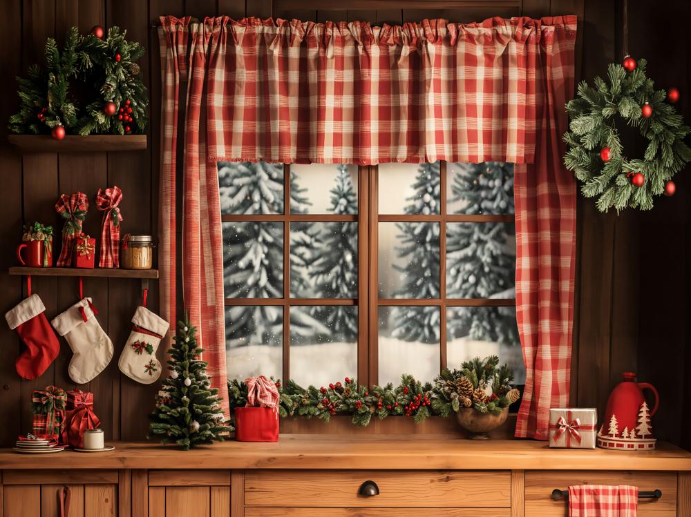 Kate Weihnachten Fenster Strümpfe Rot Fleece Hintergrund Entworfen von Emetselch - Kate Backdrop.de