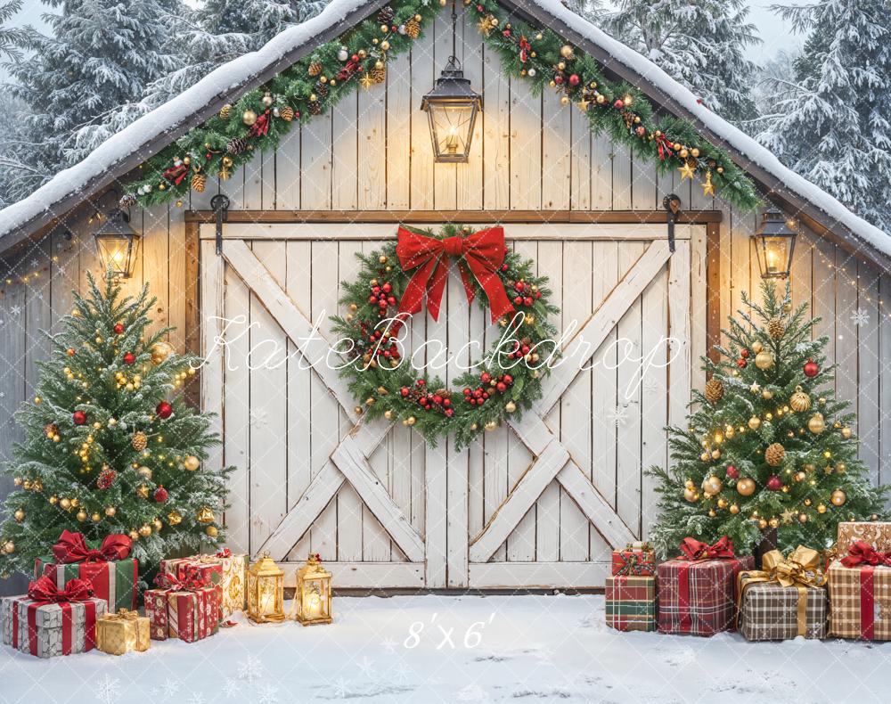 Kate Weihnachten Scheune Kranz Schnee Fleece Hintergrund Entworfen von Emetselch - Kate Backdrop.de