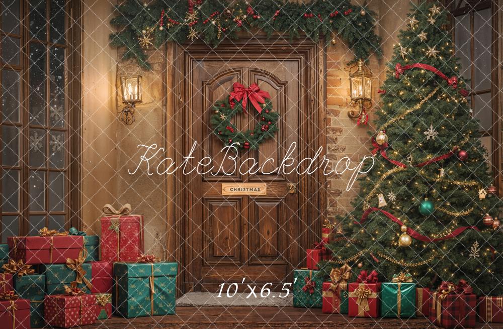 Kate Weihnachten Geschenke Tannenbaum Holztür Hintergrund Entworfen von Emetselch - Kate Backdrop.de