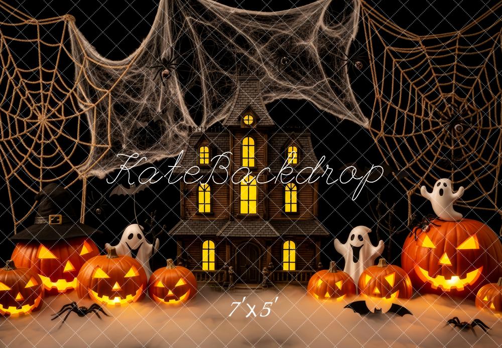 Kate Halloween Spukhaus Kürbisse Spinnennetze Hintergrund Entworfen von Patty Roberts