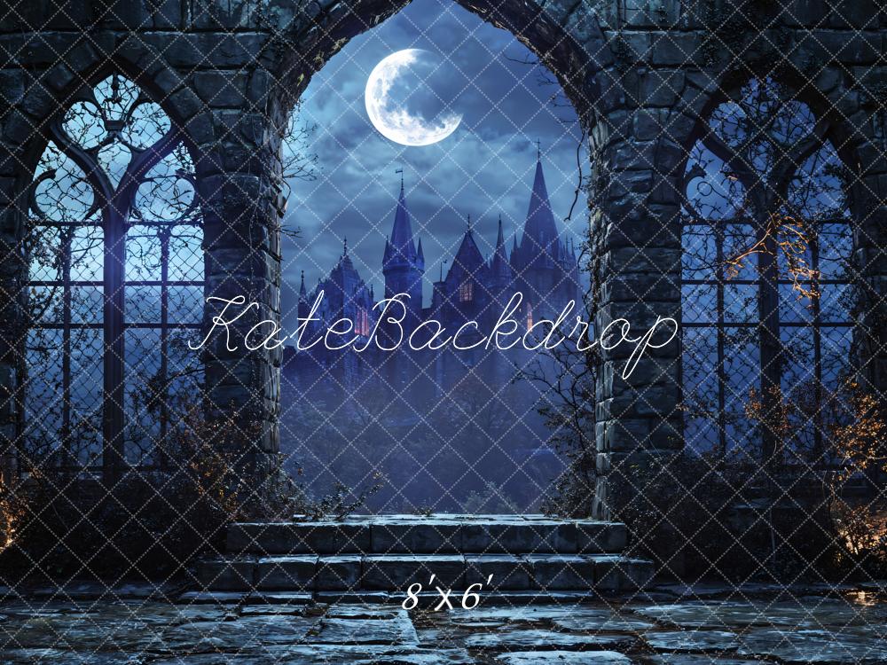 Kate Halloween Burg Fenster Vollmond Blau Hintergrund Entworfen von Emetselch - Kate Backdrop.de