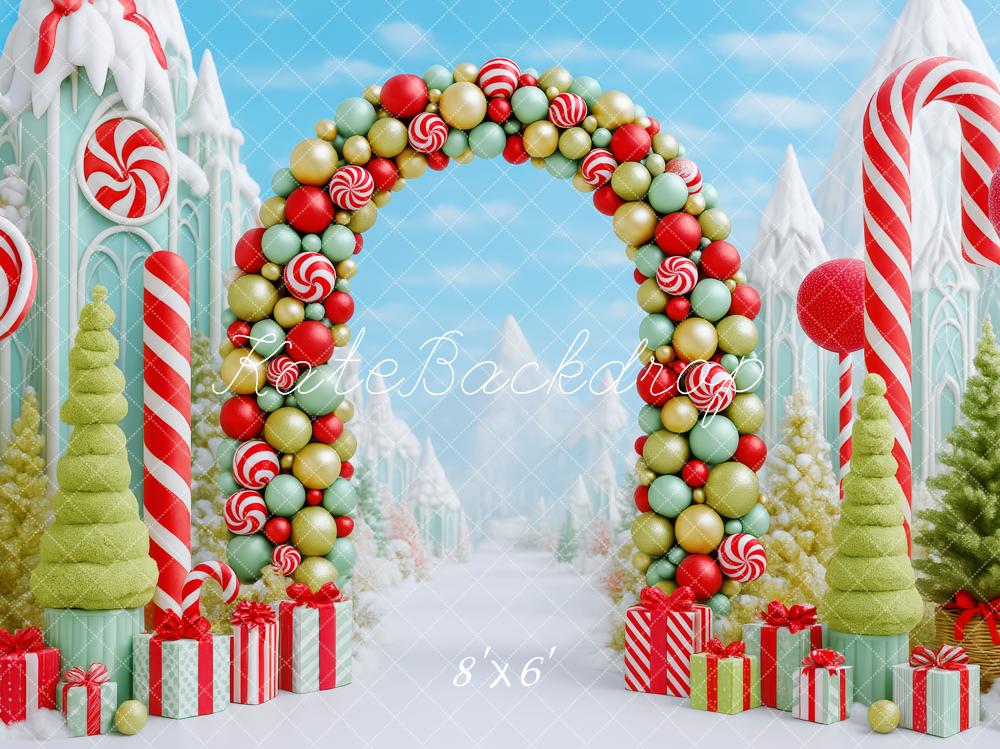 Kate Weihnachten Süßigkeitenbogen Schneelandschaft Bunt Hintergrund Entworfen von Patty Roberts - Kate Backdrop.de