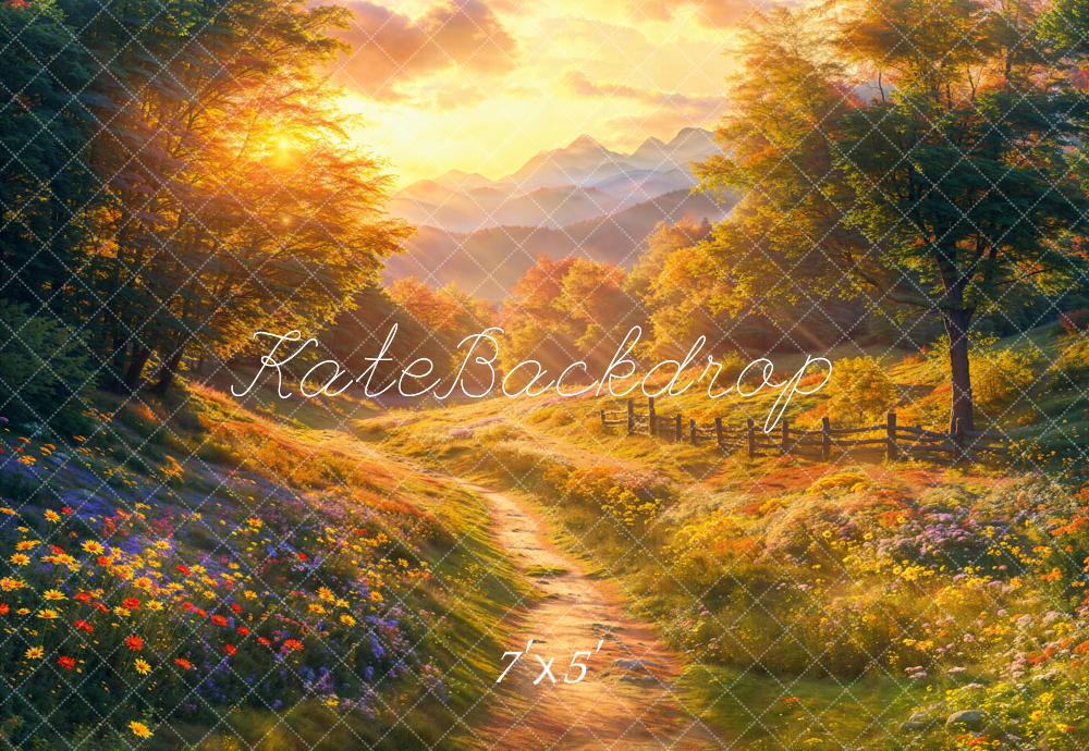 Kate Herbst Landschaft Sonnenaufgang Blumenwiese Hintergrund Entworfen von Emetselch