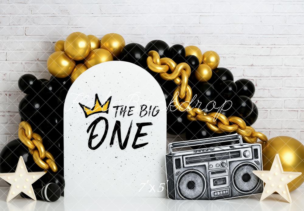 Kate Geburtstag Ballons Ketten Schwarz Gold Hintergrund Entworfen von Patty Roberts - Kate Backdrop.de