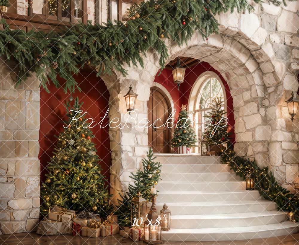 Kate Weihnachten Steinbogen Treppe Rot Fleece Hintergrund Entworfen von Emetselch - Kate Backdrop.de
