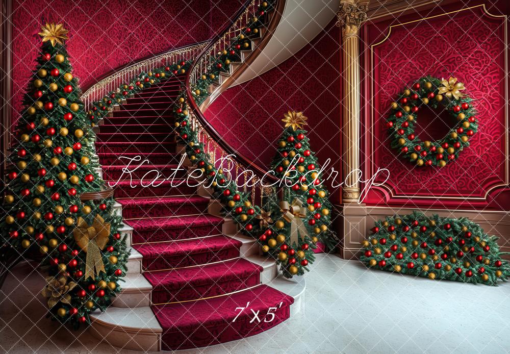 Kate Weihnachten Treppe Weihnachtsbaum Rot Hintergrund Entworfen von Mini MakeBelieve - Kate Backdrop.de