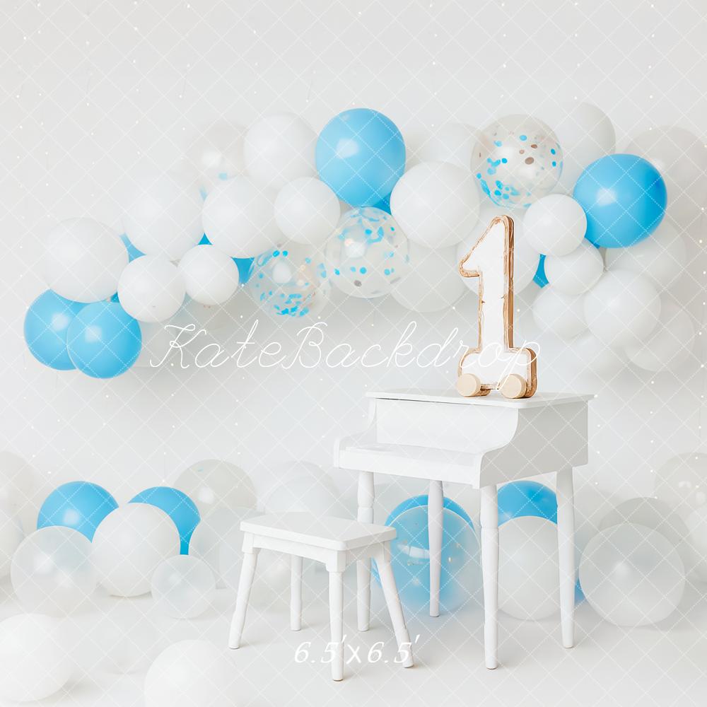Kate Geburtstag Luftballons Zahl Eins Blau Weiß Hintergrund Entworfen von Patty Roberts - Kate Backdrop.de