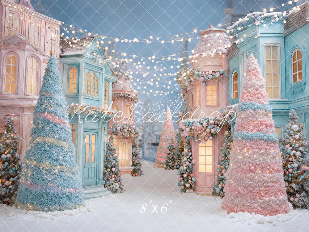 Kate Weihnachten Pastell Häuser Bäume Hintergrund Entworfen von Ashley Paul