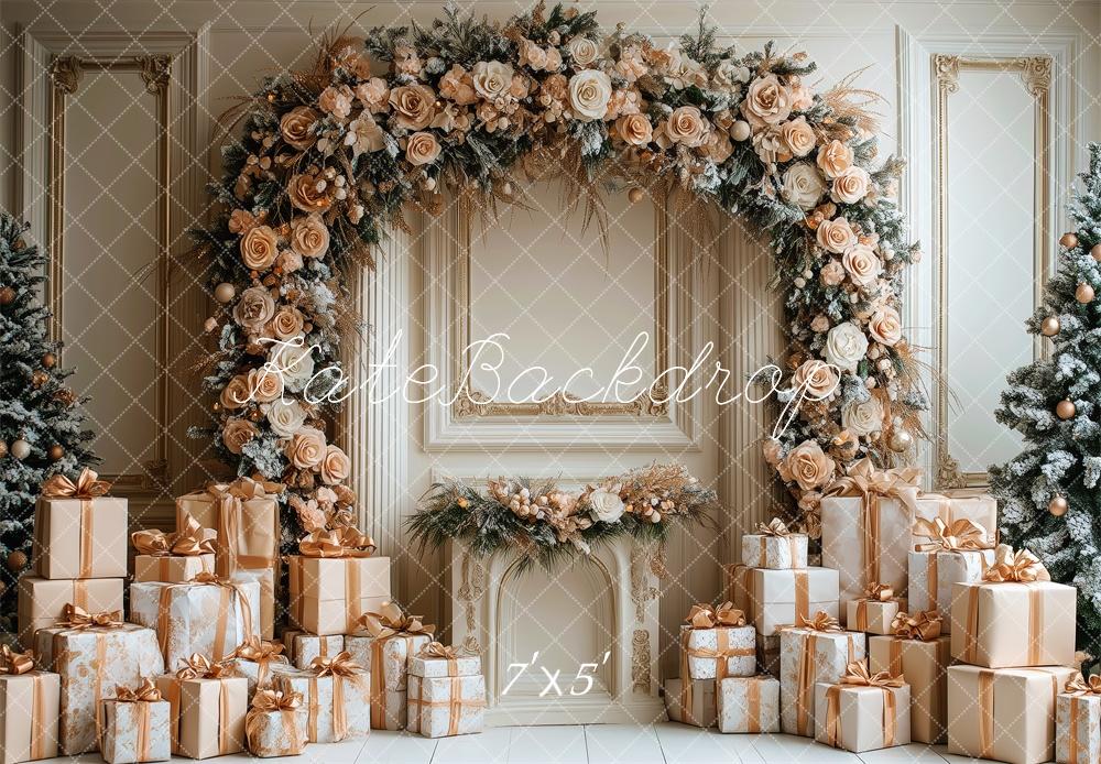 Kate Weihnachten Blumenbogen Geschenke Gold Hintergrund Entworfen von Patty Roberts