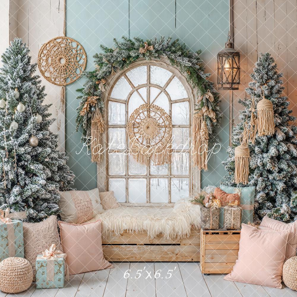 Kate Weihnachten Fenster Schneebäume Pastell Hintergrund Entworfen von Emetselch - Kate Backdrop.de