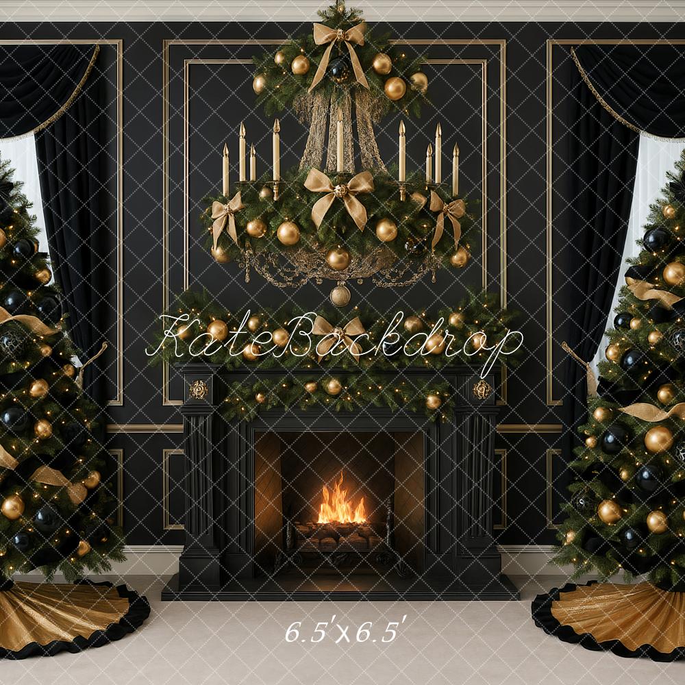 Kate Weihnachten Kamin Tannenbäume Schwarz Gold Hintergrund Entworfen von Ashley Paul - Kate Backdrop.de