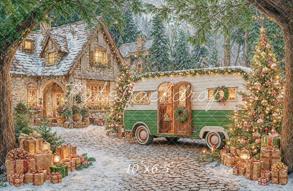 Kate Weihnachten Steinhaus Wohnwagen Winterlich Fleece Hintergrund Entworfen von Emetselch - Kate Backdrop.de