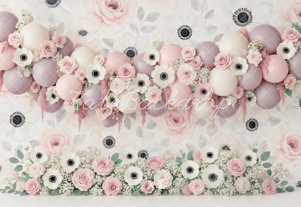 Kate Geburtstag Blumen Luftballons Pastell Hintergrund Entworfen von Ashley Paul - Kate Backdrop.de