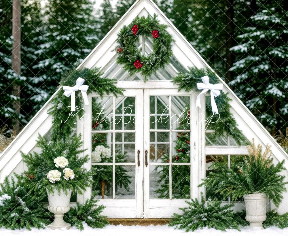 Kate Weihnachten Gewächshaus Tannenzweige Weiß Hintergrund Entworfen von Mini MakeBelieve - Kate Backdrop.de