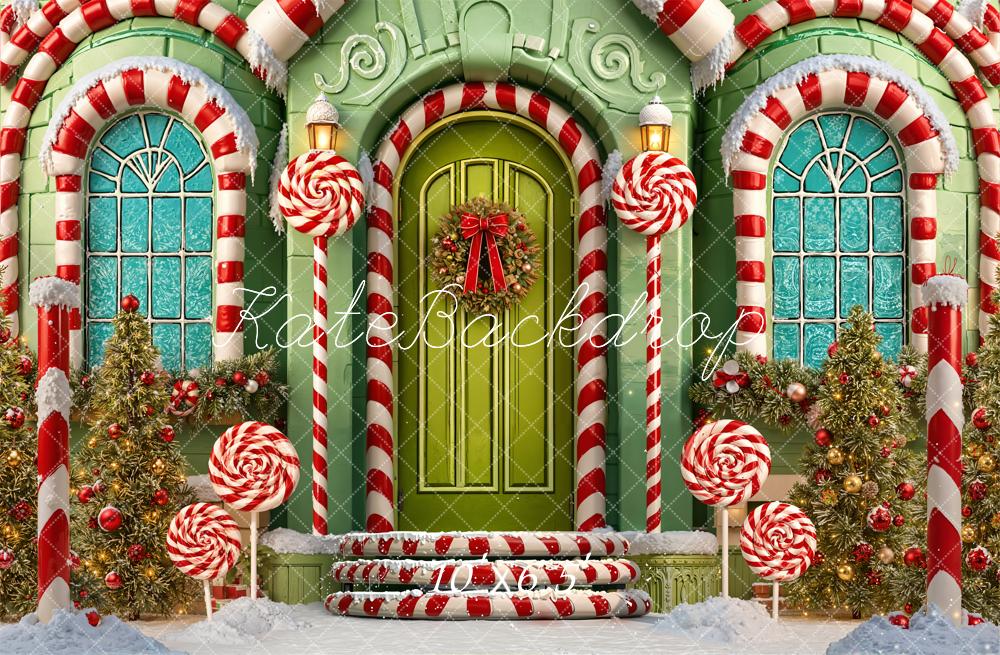 Kate Weihnachten Lebkuchenhaus Zuckerstangen Grün Fleece Hintergrund Entworfen von Emetselch - Kate Backdrop.de