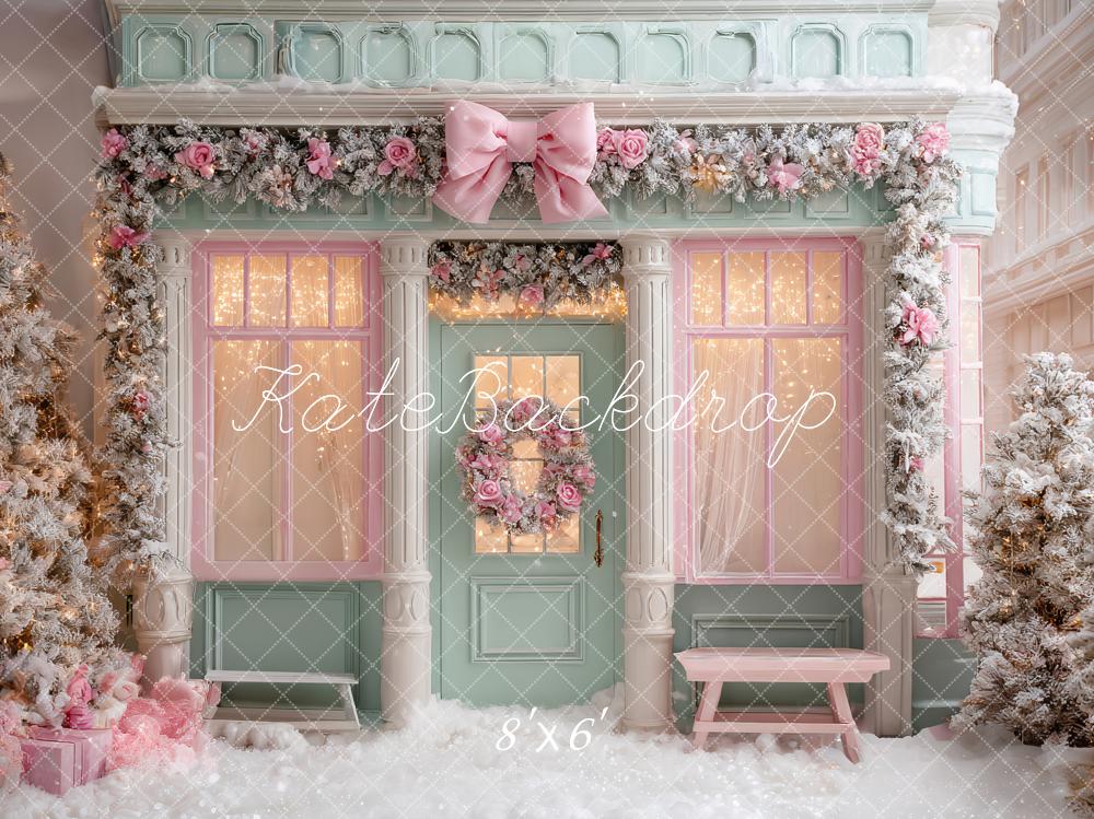 Kate Weihnachten Pastell Geschäft Fassade Rosa Hintergrund Entworfen von Ashley Paul